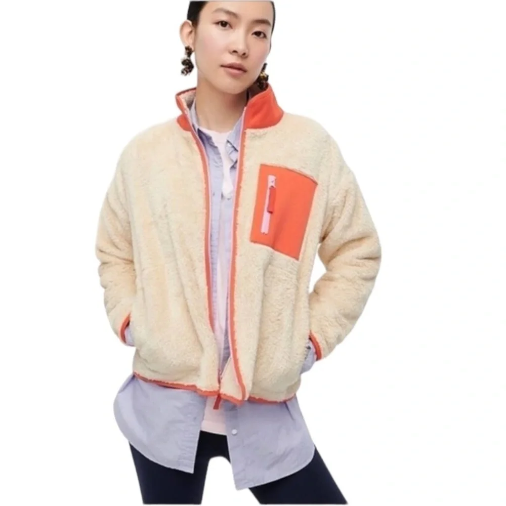 NEW J. Crew Weekend Superplush Sherpa Full-Zip Jacket in Colorblock Cream Orange - Picture 3 of 15